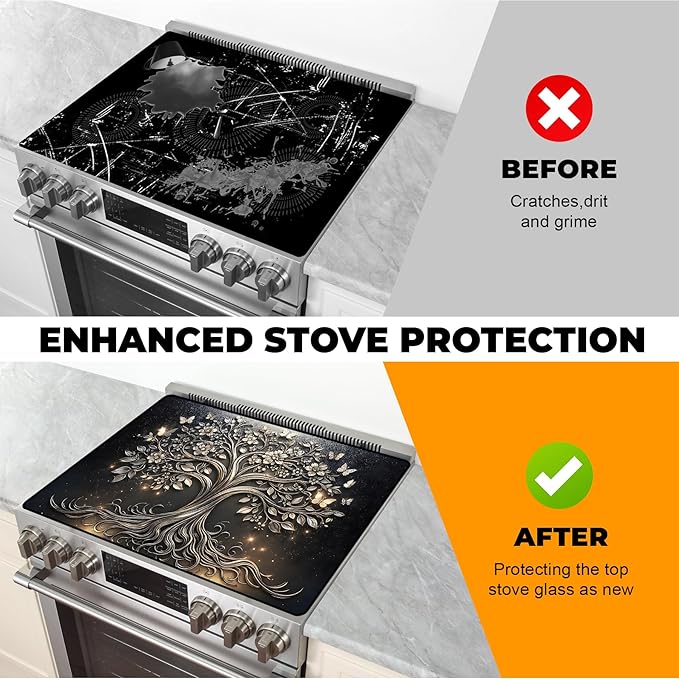 Stove Top Cover- Mat for Electric Stove Protector with Anti-Slip Rubber Coating Dish Drying Mats Scratch-Resistant (Tree, 30" x 21")