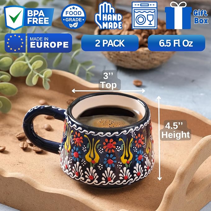 BCS 6 Oz Cappuccino Cups Set of 2, Ceramic Coffee & Tea Mugs, Colorful Handmade Cups, Dishwasher & Microwave Safe Ceramic Mugs (3 Inches, Yellow - Navy Blue)
