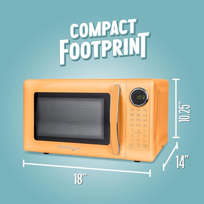 Nostalgia Modern Retro Compact Countertop Microwave Oven - 0.7 Cu. Ft. - 700-Watts with LED Digital Display - Child Lock - Easy Clean Interior - Orange