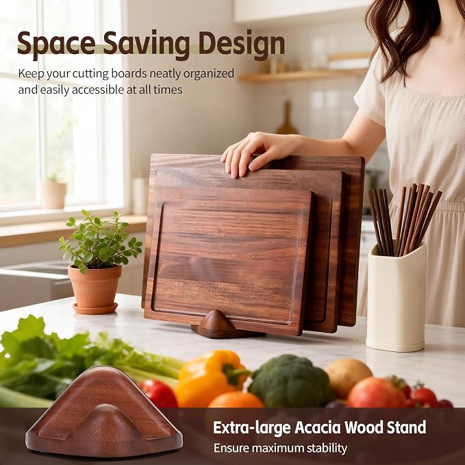 Walnut Cutting Board Set of 3 Handmade Wooden Chopping Boards with Holder, Deep Juice Grooves Side Handles Reversible NonToxic Serving, Gift for Mother's Day, Housewarming Wedding