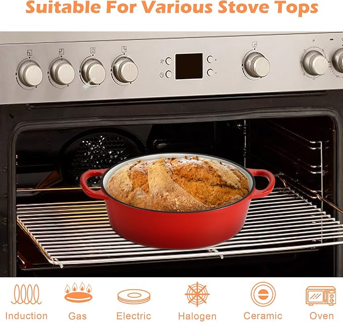 TeamFar Oval Dutch Oven, 5qt Enameled Cast Iron Dutch Oven Pot with Lid, For Bread Baking/Stewing/Braising/Frying, Suitable for Various Stoves, Dual Handles & Easy Cleanup, Red
