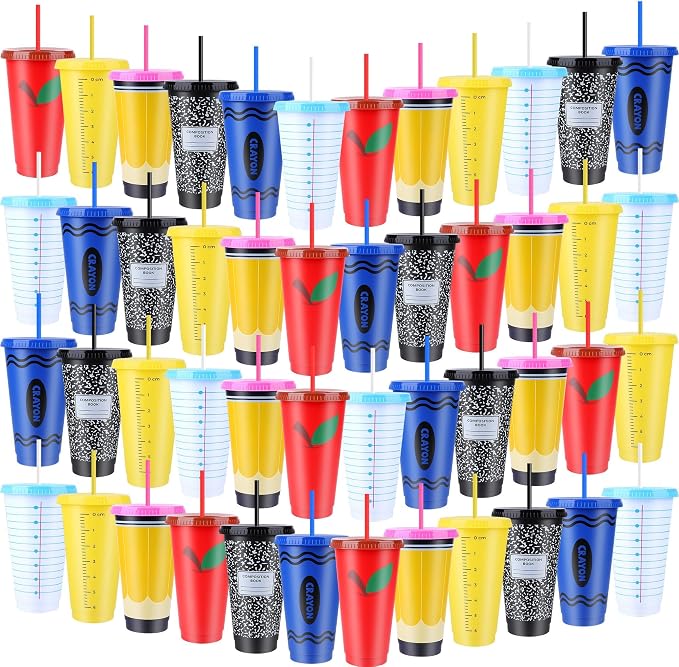 Kochorie 48 Pcs Teacher Appreciation Gifts Cups 24 Oz Reusable Tumblers | with Lids & Straws Back to School Thanks to Teacher Plastic Cups for Valentines Teachers Gifts Christmas Party Supplies