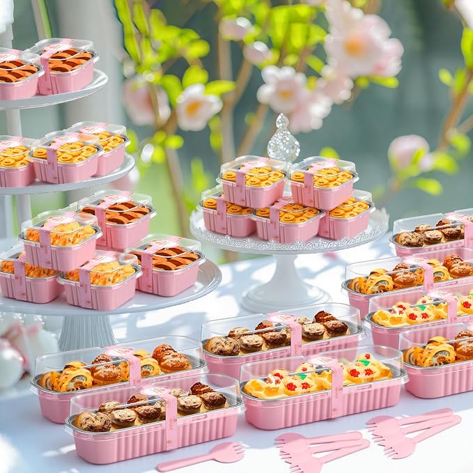 LemonRoad 240 Sets Mini Loaf Pan with Lids and Spoons 6.8oz Rectangular Aluminum Foil Bread Pan 5oz Square Cake Cup with Decal Disposable Baking Supply for Graduate Wedding Birthday (Pink)
