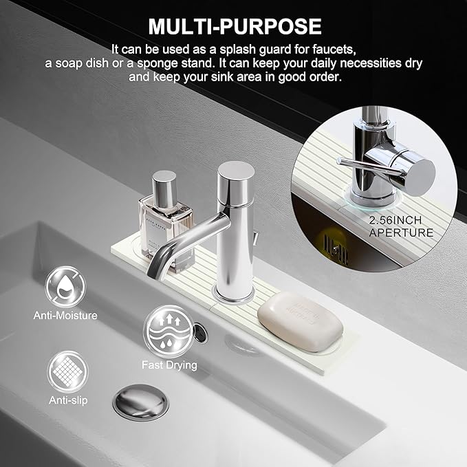 Faucet Mat for Kitchen Sink, Diatomite Fast Drying Stone Sink Tray, Super Absorbent, Prevents Moisture Buildup - Faucet Splash Guard for Bathroom Counter, Kitchen [White, 15.8" x 3.9"]