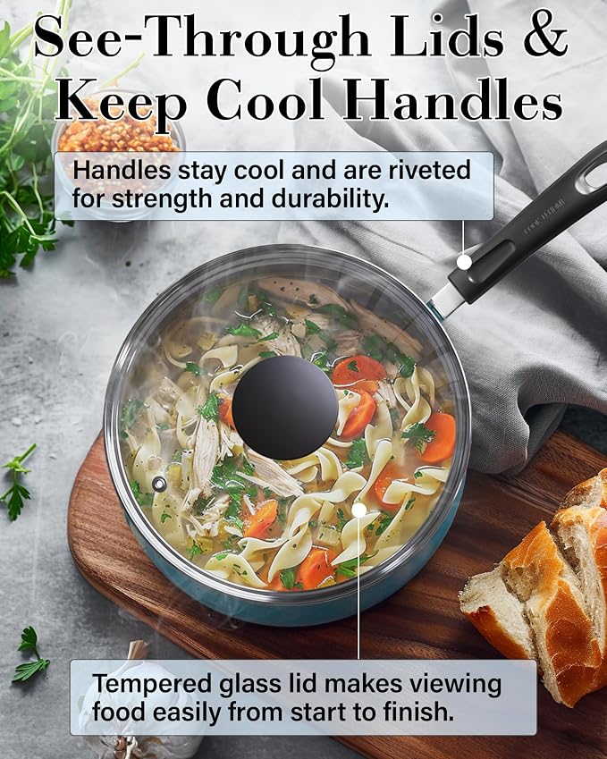 Cook N Home Professional Pots and Pans Nonstick Cookware Set, Belly Shape Kitchen Cooking Set with Frying Pans and Saucepans, Induction Compatible, 10-Piece, Turquoise