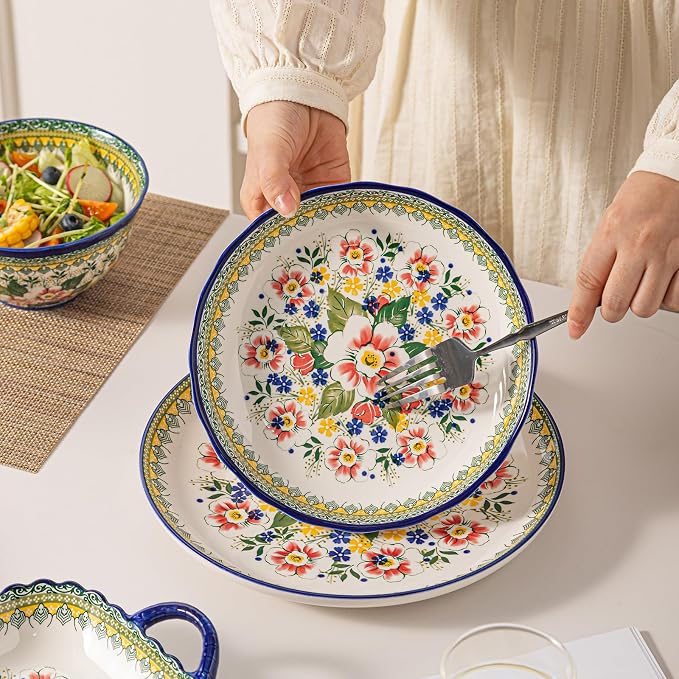 18-Piece Ceramic Dinnerware Set, Service for 6, Bohemian Floral Dish Set, Includes Plates and Bowls Sets, Microwave & Oven & Dishwasher Safe, Vintage Dish Set