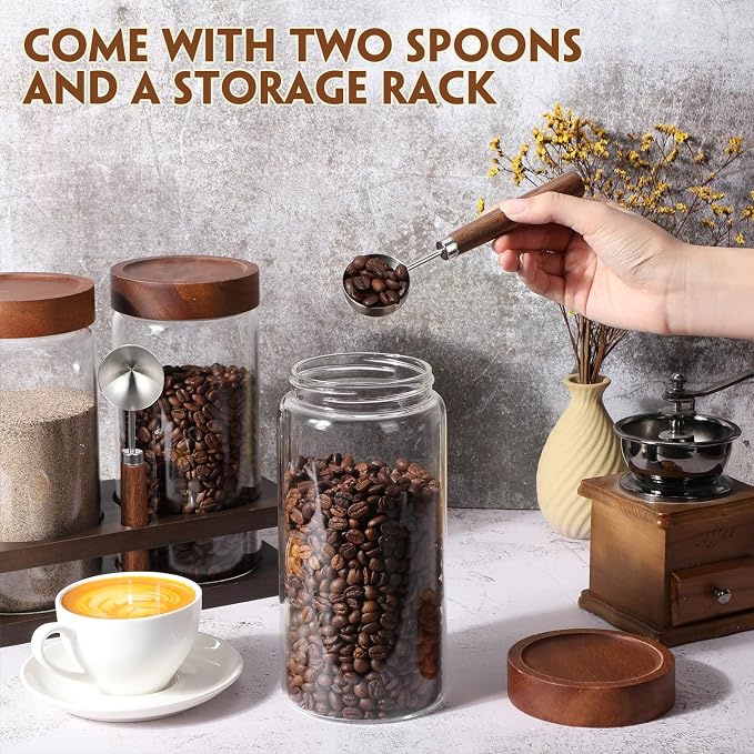 Suclain 3 Pcs 44 oz Glass Coffee Grounds Container with Shelf Glass Coffee Bean Storage Canisters with Airtight Lid and Measuring Spoon Food Storage Jars for Kitchen Sugar (Vintage Style)