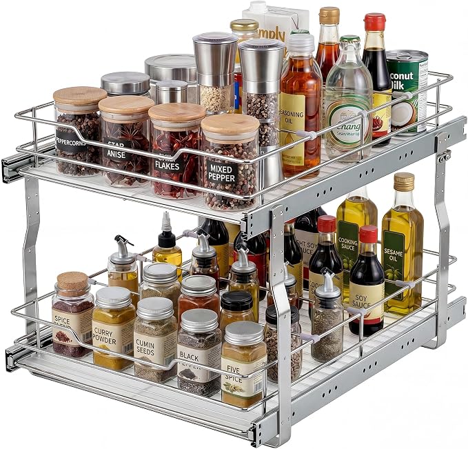 Garvee 2-Tier Pull Out Cabinet Organizer, Pullout Shelf and Drawer Organizer with Heavy-Duty Steel Frame, Slide Out Storage Basket for Kitchen, Pantry & Under Sink, 12" W x 21”D x 15" H