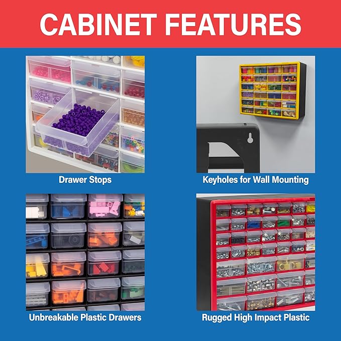 Akro-Mils 44-Drawer Plastic Drawer Storage Cabinet for Garage Organization, Bead Organizer, Building Bricks Storage, Teacher Toolbox, Makeup Organizer, 20" W x 6" D x 16" H, 10144 Black