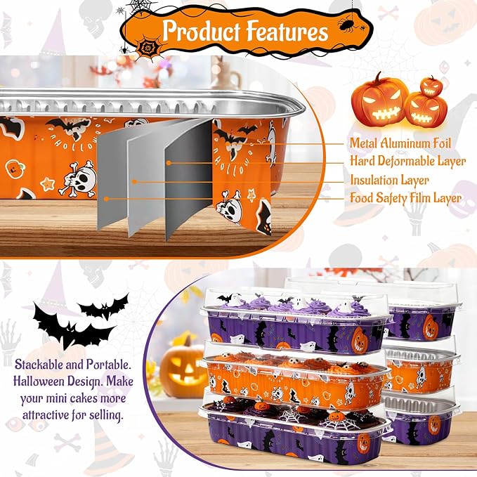 50Pack Halloween Mini Cake Pans Disposable Mini Loaf Pans with Lids and Spoons, 6.8Oz Aluminum Foil Pans Tins, Individual Dessert Cups Containers for Sales,Party,Picnics