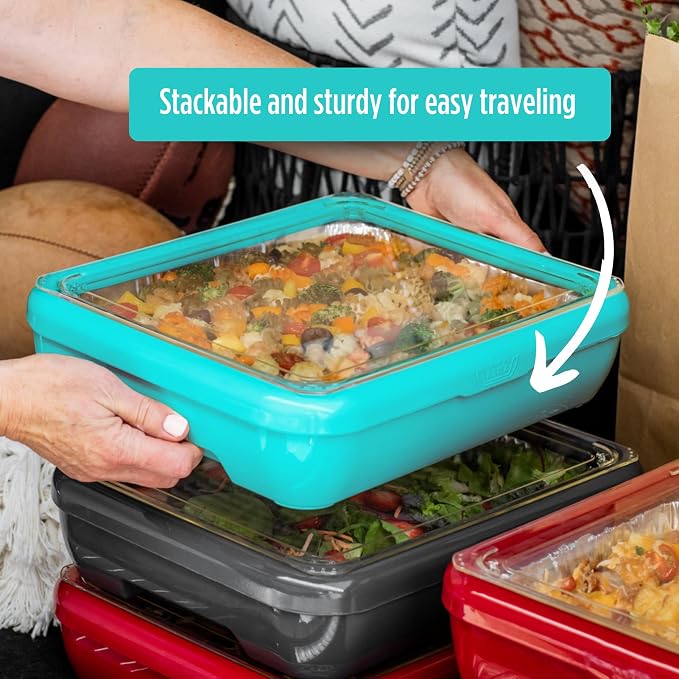 Fancy Panz Aqua Premium Aluminum Foil Pan Carrier with Secure Latch Lid & Hot/Cold Gel Pack - Made in USA Reusable Casserole Carrier for Half Size Pans - Food Transport Holder for Entertaining