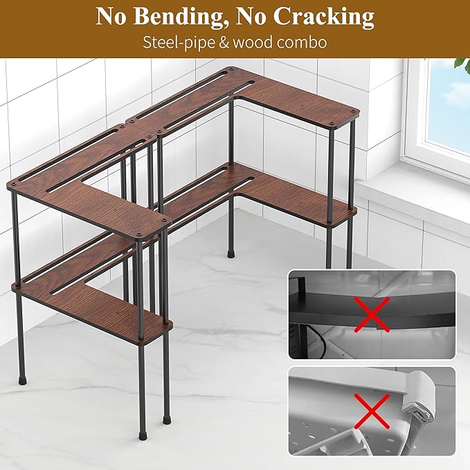 Spicy Rack Pro – Expandable 10"-18.9" Spice Rack for Cabinet, 2-Tier Wood & Metal Shelf, Heavy Duty, High Space for Large Bottles, Easy 3-Min Install, Stackable or Side-by-Side
