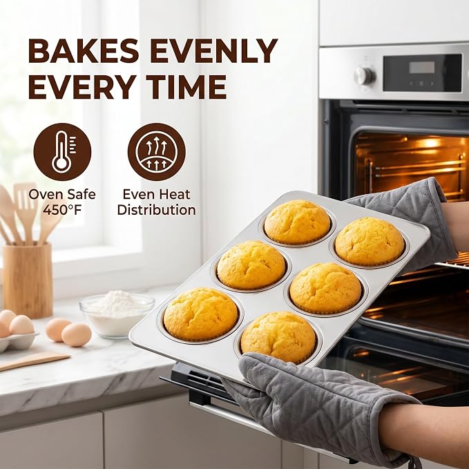LIANYU 2 Pack Muffin Pan 6 Cups, Premium Stainless Steel Cupcake Tin Mold for Baking Small Muffin Cake, Everyday Muffin Baking Tray for Oven, Regular Size & Rust Resistant