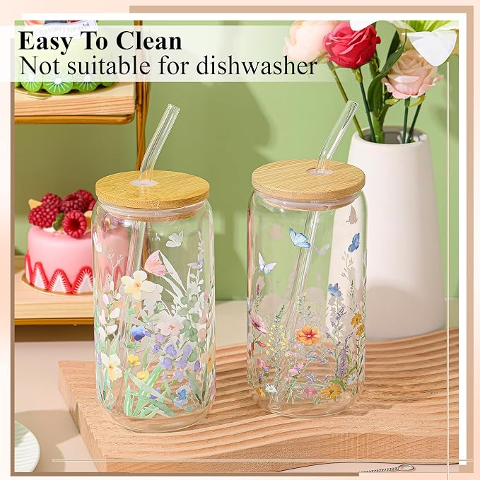 Mumufy 2 Pack Wildflower Glass Cups Gift Aesthetic Cute Glass Cup Tumbler Flower Iced Coffee Mugs 16 oz with Bamboo Lid & Straw, for Wedding Birthday Bridesmaid Mom Baby Shower