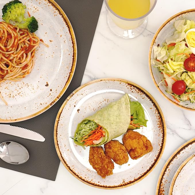 TP 12-Piece Melamine Dinnerware Sets, Plates and Bowls Dishes Set for 4, Break-Resistant & Non-Microwavable, Lightweight Dinner Plates, Grey Swirl