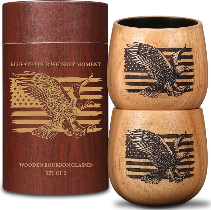 Charred Oak Wooden Bourbon Drinking Glass 2-Pack, 11oz Handcrafted Whiskey Glasses, Wooden Old Fashioned Glass, Perfect Bourbon Gifts for Men, Dad, Brother & Whiskey Enthusiasts