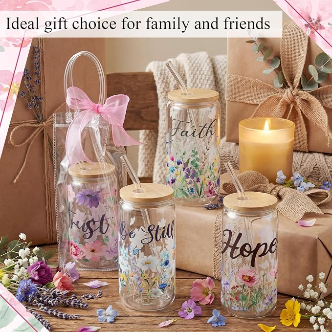 Mumufy 8 Sets Christian Glass Cups with Clear Gift Bag 16 oz Reusable Pink Iced Coffee Mugs Aesthetic Cute Tumbler with Lids and Straws, Gifts for Girls Women Bridesmaid