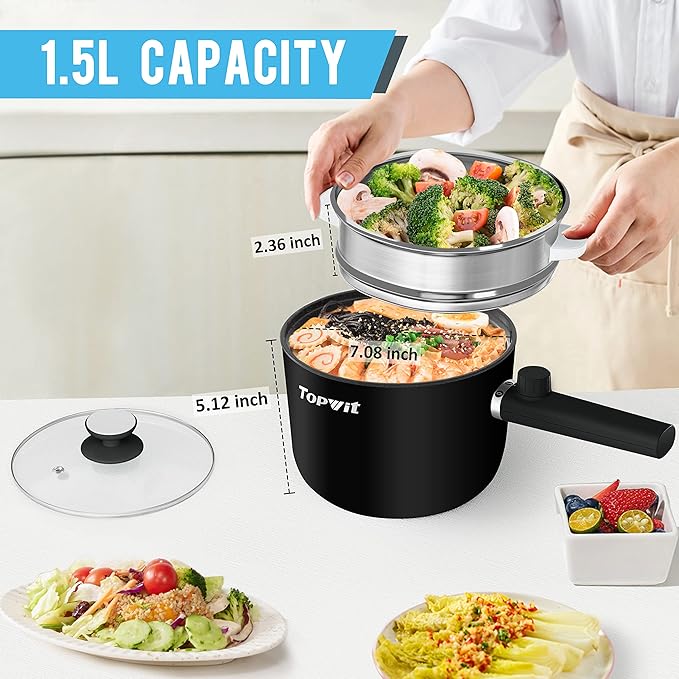 Topwit Hot Pot Electric with Steamer, 1.5L Ramen Cooker, Non-Stick Sauté Pan, Portable Cooking Pot, Electric Cooker with Dual Power Control, BPA Free, Over-Heating & Boil Dry Protection, Black