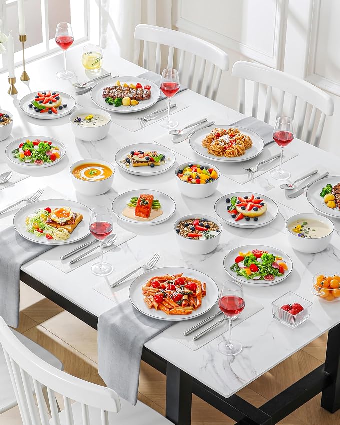 MALACASA 18 Pieces Gourmet Porcelain Dinnerware Sets, Premium Plates and Bowls Set, High-Fired Dishes Set for 6, Chip & Scratch Resistant, Microwave Dishwasher Safe, White & Black Rim, Series LEXI