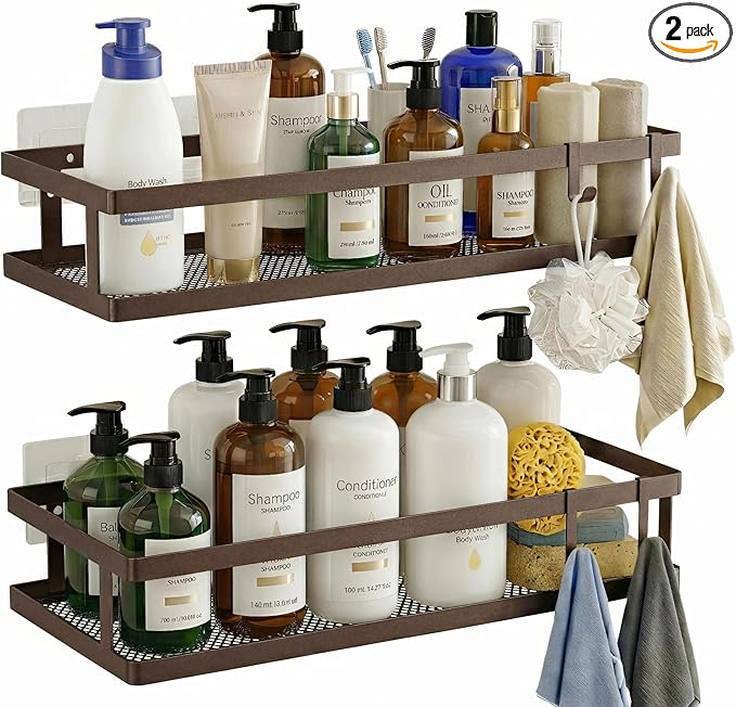 PUSDON 2-Pack Minimalist Shower Caddy Wall Mount, Open Frame Bathroom Shelf Organizer with Mesh Base, Rustproof Floating Spice Rack for Kitchen, Holds 50 LBS, 4 Hooks - Vintage Bronze, Guardrail