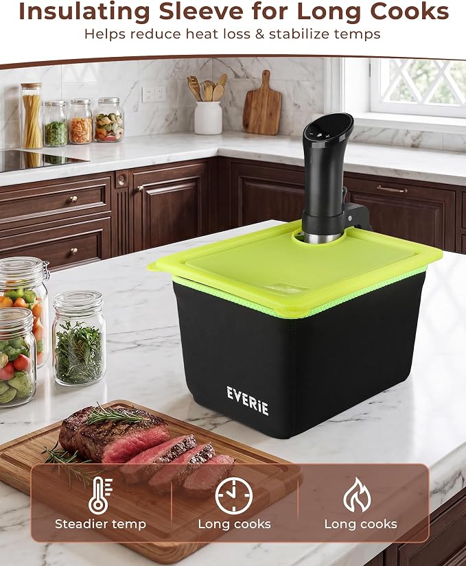 EVERIE 12Qt Sous Vide Container Kit w/Collapsible Lid + Lock-In Divider Rack + Insulating Sleeve – For Long Cooks, Fits Most Clamp-Style Circulators