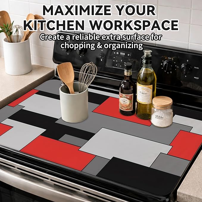 Decorative Stove Top Covers for Electric Stove 28"x20" – Heat Resistant Glass Cooktop Protector Dish Drying Mat – Non-Slip Rubber Backing Washer Top Cover Waterproof Extra Counter Space (Geometric)