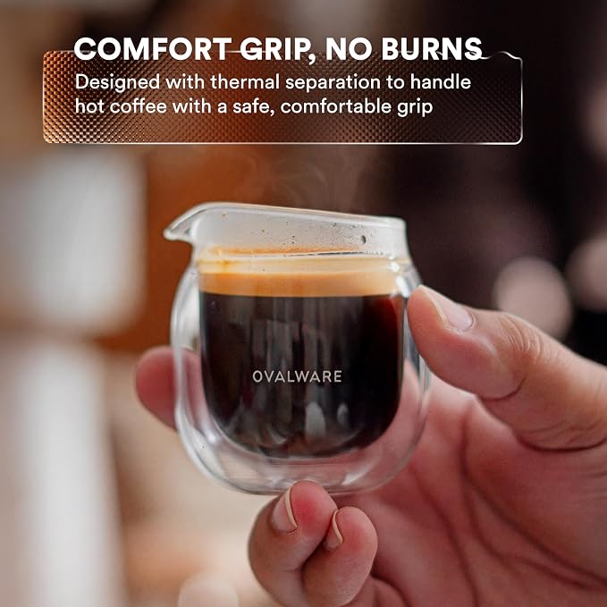 ovalware 8.5oz Double Wall Latte Cups, Latte Set of 2 Sized Cups with Wide Rim for Artistic Designs - Stealth Gray and Espresso Pouring Glass Set of 2 | Double-Wall 2.7oz/80ml Shot Measuring Cup
