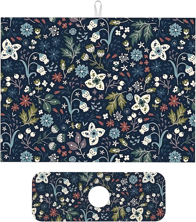 2Pcs Dish Drying Mats Faucet Mats Sets Large Size Coffee Mats Sink Faucet Mat Splash Guard for Kitchen Counter Bathroom Sink Coffee Bar Kitchen Decor (Cute Wildflowers, 18"x24" 15" x 5.5"Set)