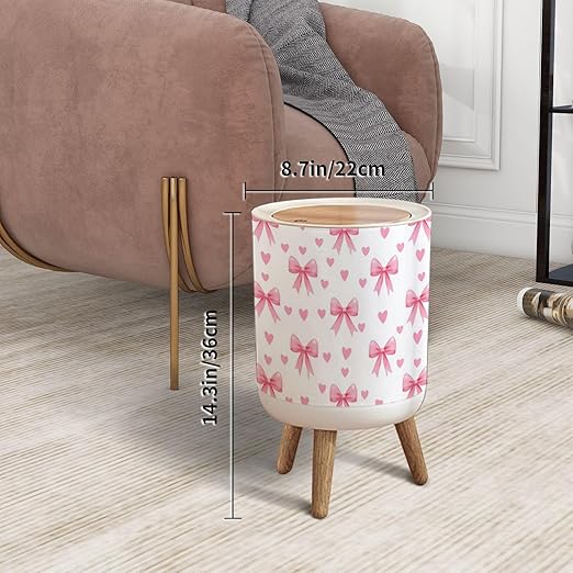 Trash Can with Lid Cute Coquette Aesthetic Seamless Pink Ribbon Bow White Press Top Round Small Garbage Bin with Wooden Legs Waste Basket for Kitchen Bedroom Nursery 7L/1.8 Gallon