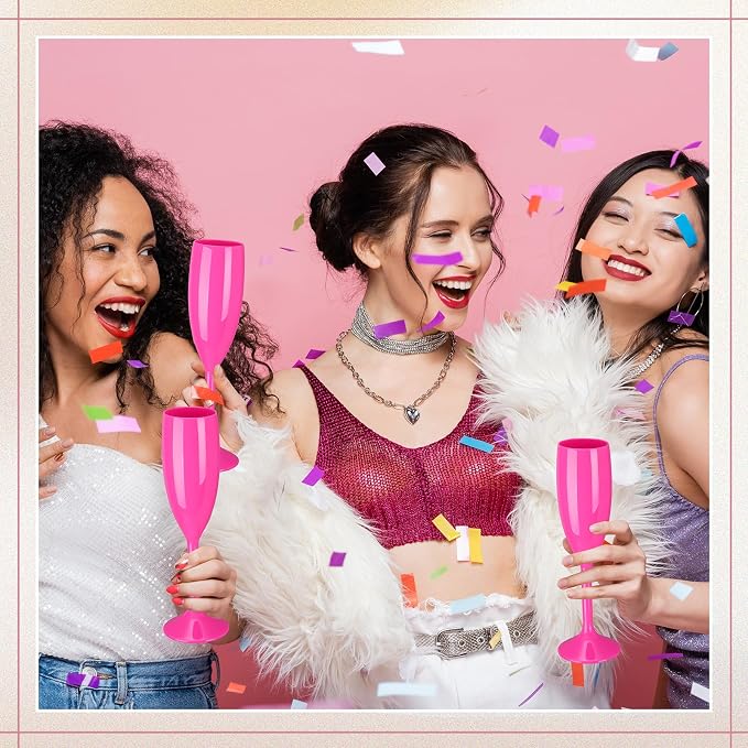 Maxcheck 12 Pcs Champagne Flutes Bulk Acrylic Toasting Drinking Flute Unbreakable Goblet Champagne Cups 6 oz Plastic Wine Glasses for Mother's Day Wedding Bridal Shower Anniversary Party (Hot Pink)