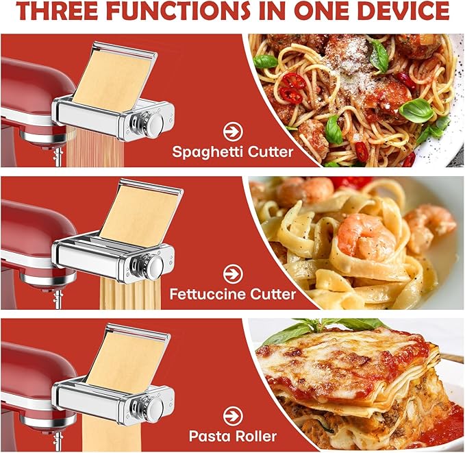 3-in-1 Pasta Attachment for KitchenAid Stand Mixer - Stainless Steel Pasta Maker with Roller, Spaghetti & Fettuccine Cutters | Professional Pasta Accessories for Homemade Noodles & Italian Cuisine