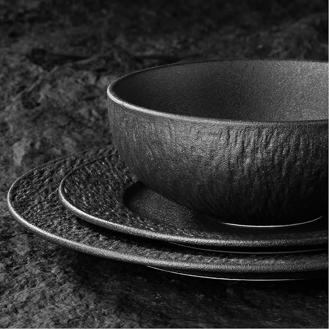 KINGSTONE Dinnerware Sets, 3-Piece Premium Porcelain dishes set, Matte Marble Pattern Plates and Bowls Sets for 1, Place Setting with Dinner Plate, Salad Plate, Pasta Bowl (Black)