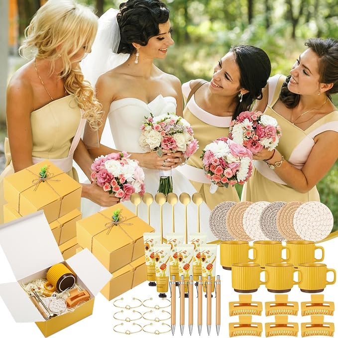 Reallnaive 61 Pcs Baby Shower Prizes for Game Winners Include Ceramic Mug Coaster Hand Cream Pen Spoon Bracelet Hair Clip Card Gift Box with Raffia for Guest Gender Reveal Bridal Shower Party (Yellow)
