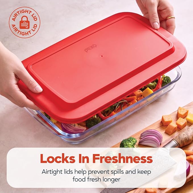 Pexo 8 Piece Glass Baking Dish Set with Plastic Lids, With Silicone Handles for Easy Grip (1.06QT, 1.69QT, 2.32QT, 3.17QT), Clear Glass Casserole Dishes for Oven, Airtight Lids, Glass Bakeware, Freezer, Oven, and Dishwasher safe (Red)