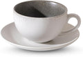 Ceramic Coffee Cup and Saucer Set, 10oz Handcrafted Speckled Latte Cappuccino Mug with Matching Saucer, Matte White Exterior & Black Interior, Espresso Tea Cup for Home Kitchen Cafe Daily Use Gift