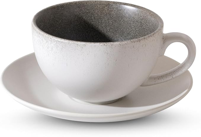 Ceramic Coffee Cup and Saucer Set, 10oz Handcrafted Speckled Latte Cappuccino Mug with Matching Saucer, Matte White Exterior & Black Interior, Espresso Tea Cup for Home Kitchen Cafe Daily Use Gift