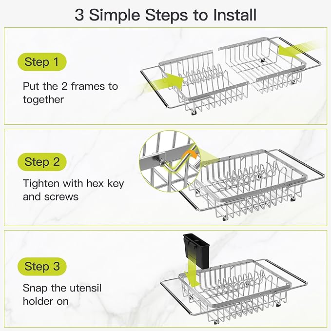 Expandable Stainless Steel Dish Drying Rack Over The Sink For Small Kitchen, Counter Space Saving Compact Metal Plate Drainer Strainer, Adjustable Hanging Inside Sink Rust Proof Wire Dryer Holder