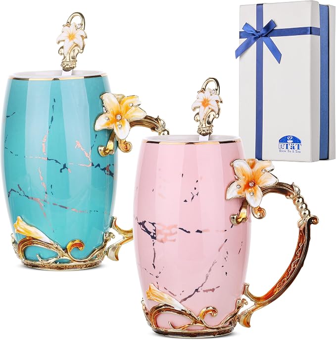 BTaT- Floral Ceramic Mugs with Spoon, Set of 2, Pink and Blue, Fancy Coffee Mugs with Spoon