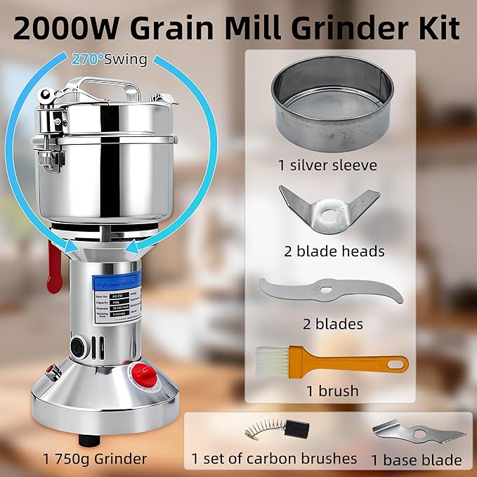 750g Grain Mill Grinder, 2000W High Speed Wheat Grinder for Making Flour, Stainless Steel Countertop Grain Mill Flour Suitable for Coffee Beans, Pepper, Dry Spice