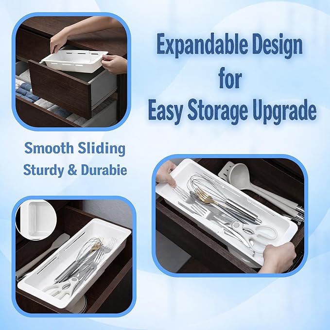 2-Pack Expandable Drawer Organizer for Deep Drawers, Adjustable Storage Tray (17–27 in), Durable PP Smooth Glide Divider for Kitchen, Vanity & Office, Space-Saving Design