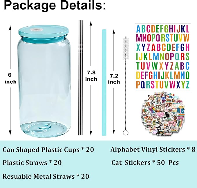 16oz Acrylic Mason Jars Cups, 20 Pack Can shaped Plastic Cups with Lids and Straws, Iced Coffee Cup Cute Drinking Glass Unbreakable Tumbler for Whiskey, Soda, Iced Tea, Colored