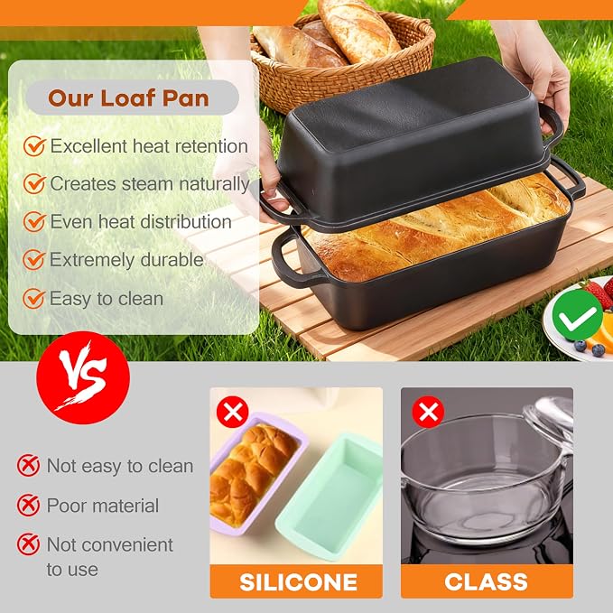 11x5 Inch Cast Iron Loaf Pan, 5.8 Qt Large Dutch Oven Loaf Pan with Lid, Sourdough Bread Baking Pan for Homemade Bread|Meatloaf, Even Heat Distribution & Oven Safe up to 500°F
