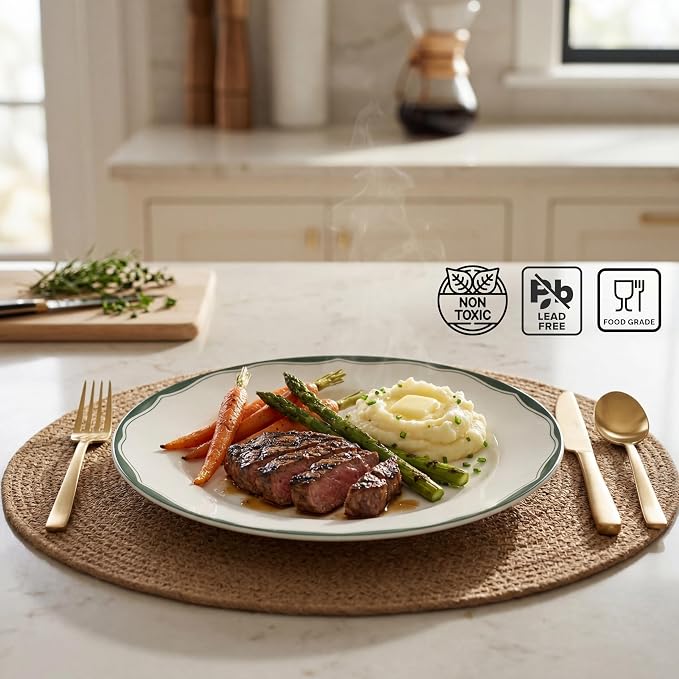 222 Fifth 12-Piece Porcelain Dinnerware Set for 4, White & Sage Green Plates and Bowls Set, Glossy Ceramic Dish Set with Detailed Floral Design, Microwave & Dishwasher Safe Dishes for Dining, Brittany