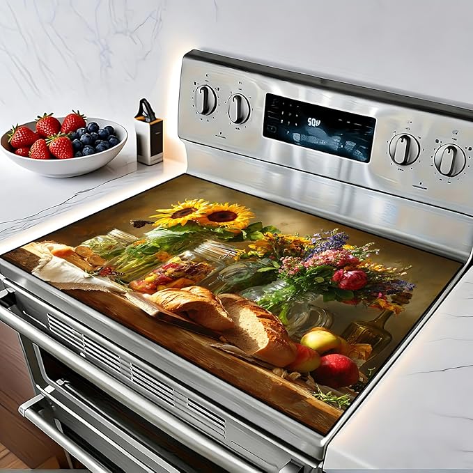 Stove Top Cover for Electric Stove 28.3×20.5 inches, Sunflower Kitchen Stove Cover Board, Heat Resistant Stove Top Protector with Food Still Life (warm yellow)