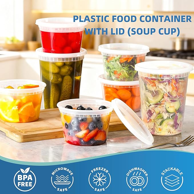 240 Sets 24oz Deli Food Storage Containers, Plastic Takeout Deli Cups for Meal Prep Leftover, Reusable Round Soup Containers with Lids, BPA Free, Stackable, Leakproof, Microwave and Freezer Safe