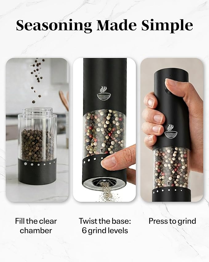 Electric Salt and Pepper Grinder Set - Black 2 Pack Battery Operated Mills with 95ml Large Capacity, Adjustable Coarseness, Built-in LED Light, Automatic Salt & Pepper Shakers for Kitchen