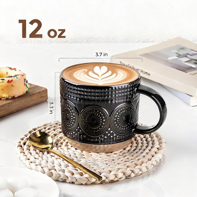 GBhome 12OZ Stackable Coffee Mugs, Ceramic Coffee Mugs with Texture Patterns for Man,Woman,Dad,Mom, Modern Coffee Mugs Set of 4 for Latte/Cappuccino/Cocoa. Dishwasher&Microwave Safe