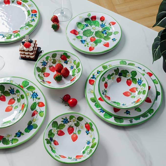 LEHAHA Strawberry Melamine Dinnerware Sets-12pcs Plates and Bowls Set, Lightweight/Unbreakable Camping Dishes Set for 4, Cute Kitchen Dinner Set for Indoor Outdoor Use