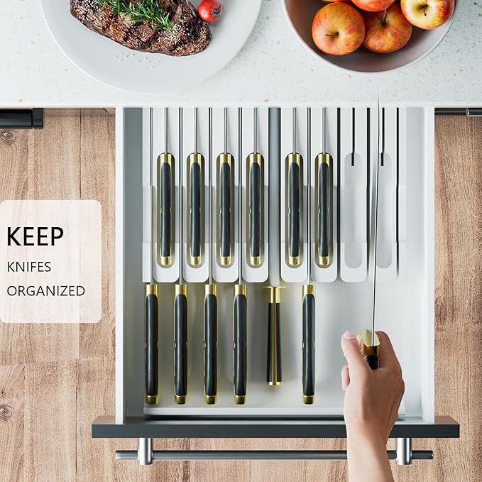 Domax Bamboo In-drawer Knife Block - Kitchen Knife Drawer Organizer Insert, Knife Holder without Knives Large, Drawer Knife Organizer Fits for 16 knives and 1 Sharpening Steel (Not Included), White