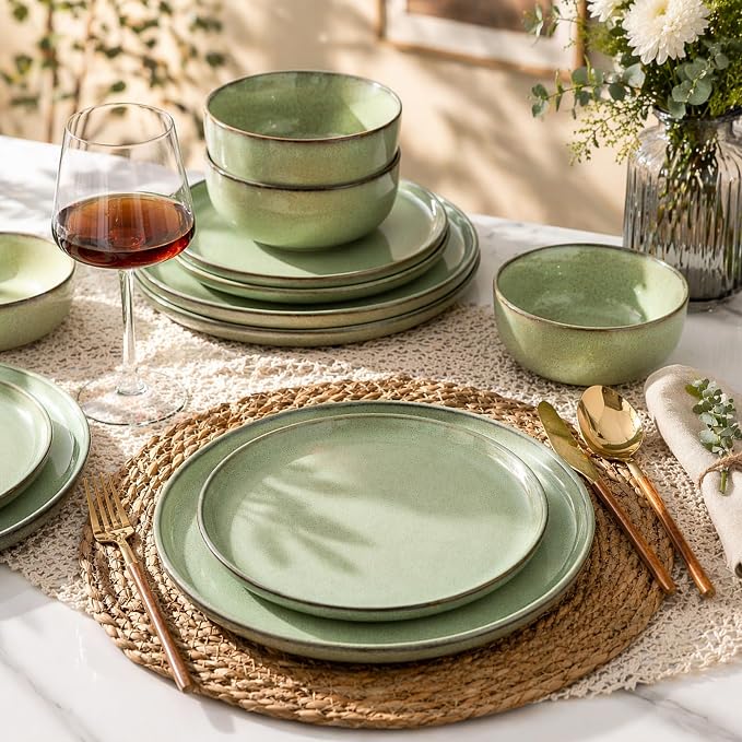 GBHOME 24 Pieces Double Bowls Dinnerware Sets for 6, Stoneware Plates and Bowls Set with Reactive Glaze, Scratch Resistant Stoneware Dishes Set, Dishwasher & Microwave Safe